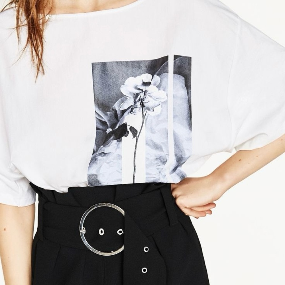 2/$15‼️ Zara Floral Print T-Shirt Bodysuit, White & Black, Size M, Crew Neckline